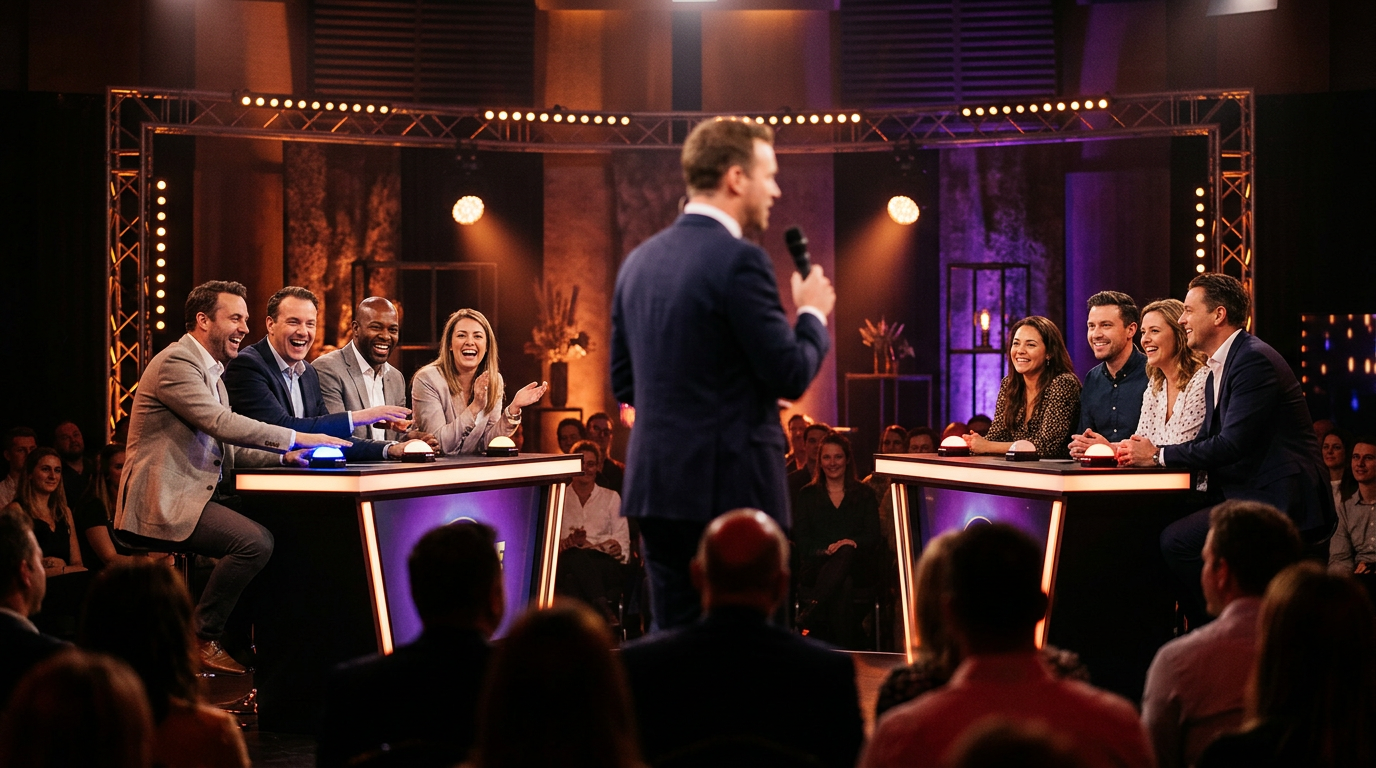 Deux équipes derrière des pupitres de jeu face à un animateur, sur un plateau scénographié