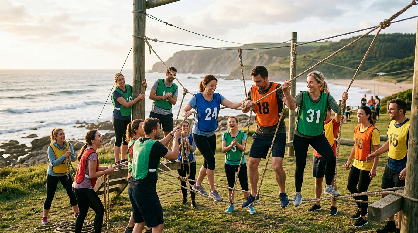 Des salariés en dossards franchissent ensemble une épreuve de cordes lors d'un team building en bord de mer