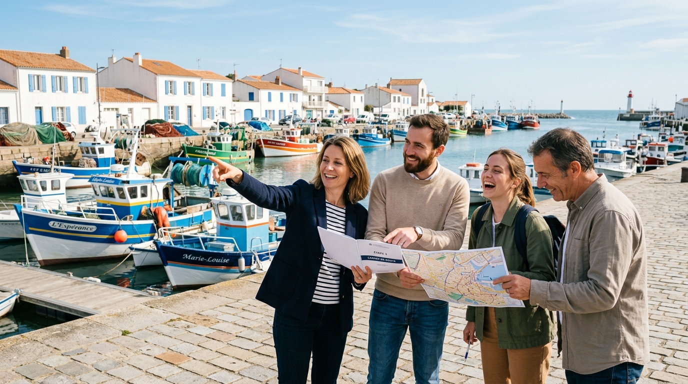 Équipe en rallye d'entreprise, carte en main, devant les bateaux d'un port vendéen
