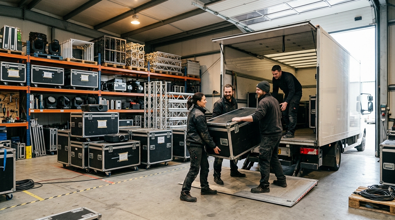 L'équipe technique Show Time charge flight cases et structures dans le camion, au dépôt