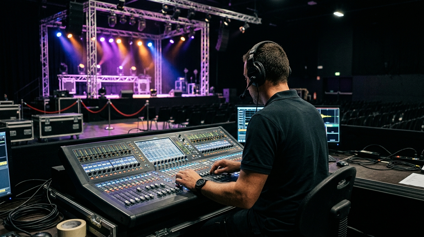 Régisseur Show Time à la console son et lumière devant une scène en cours de montage